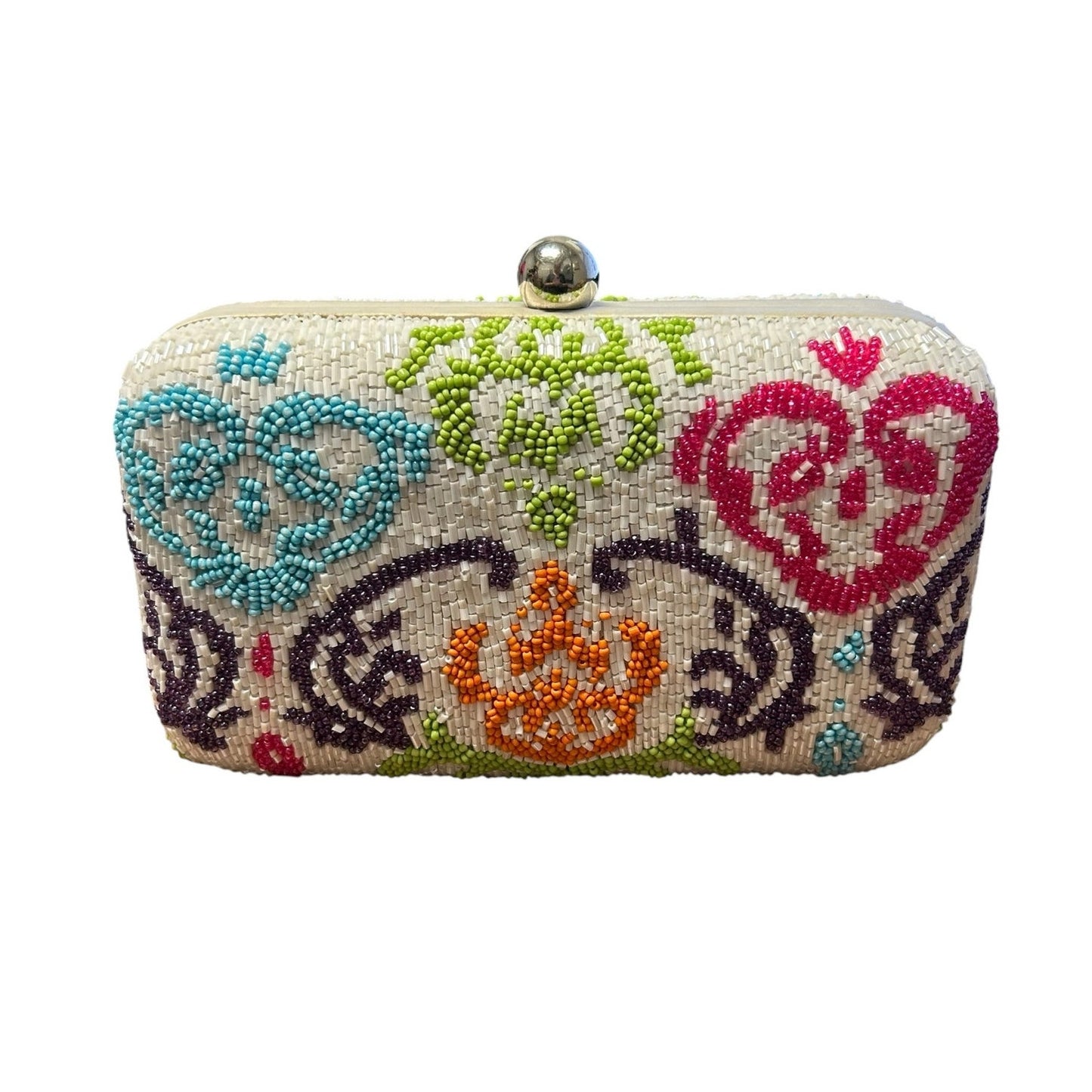 Moyna White Multicolor Printed Beaded Box Clutch / Crossbody Evening Bag