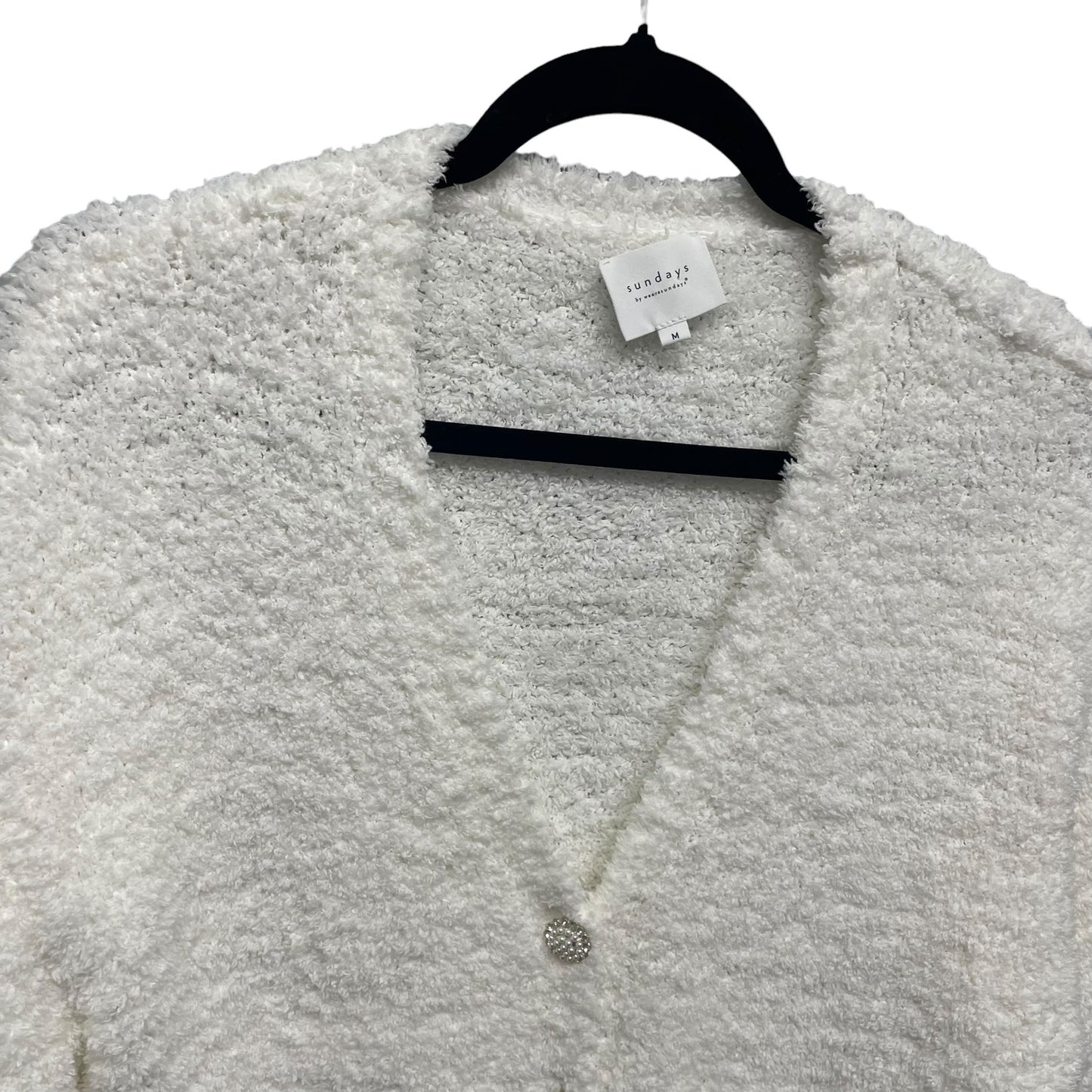 Sundays V Neck Pearl Embellished Button Front Cardigan Sweater White Medium