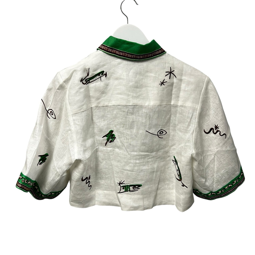 NWT Alemais Ivory Green Wanda Embroidered Cropped Shirt Womens US 2