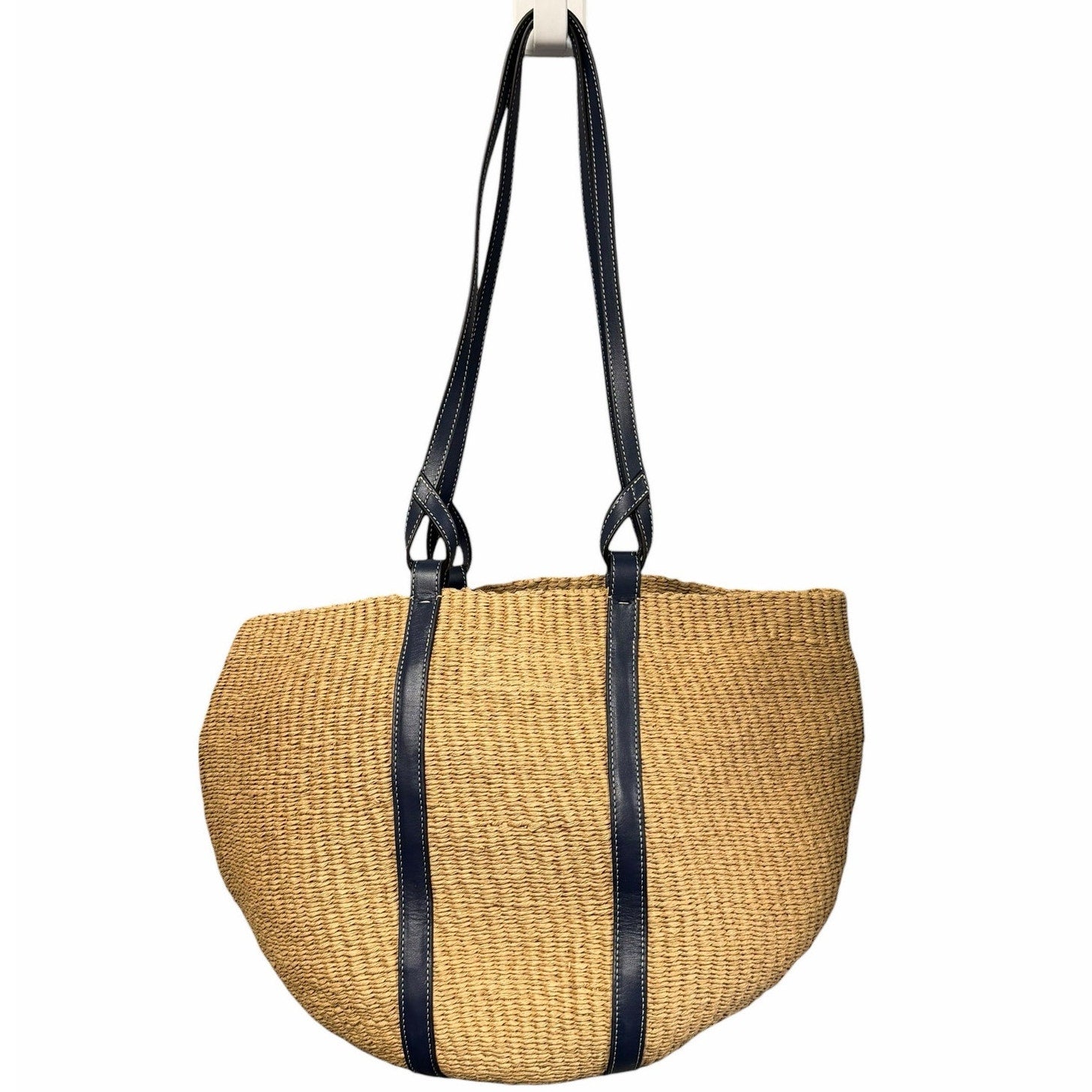 Chloe x Mifuko Large Raffia Basket Tote in Fair Trade Paper & Navy Leather