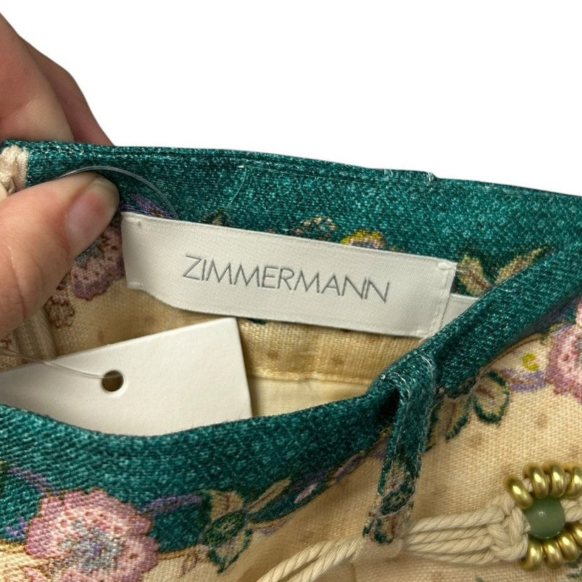 NWT Zimmerman Cream Scarf Floral Print Indra Tuck 100% Linen Short Womens US 4