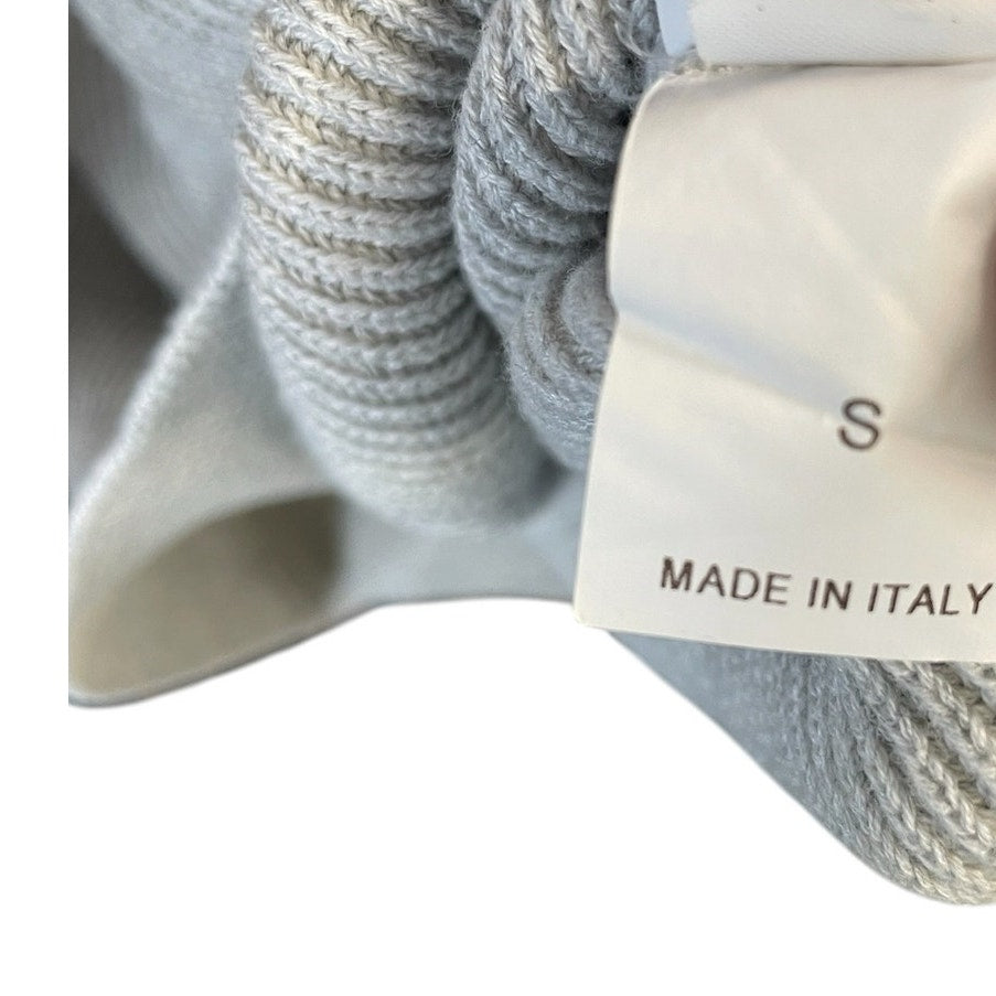 Brunello Cucinelli Cotton Ribbed Knit Sweater Light Grey Pocket Front Size Small
