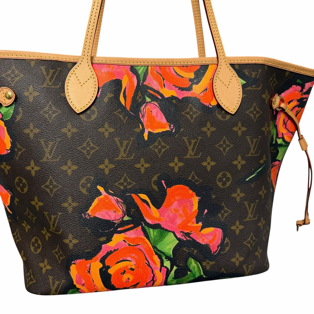 Louis Vuitton Stephen Sprouse Roses Neverfull Handbag Brown Pink Floral Designer