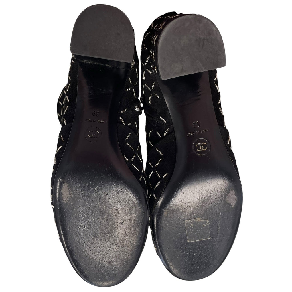 Chanel Black Suede Block Heel Chain Embellished CC Logo Short Boot Size 39 / 9