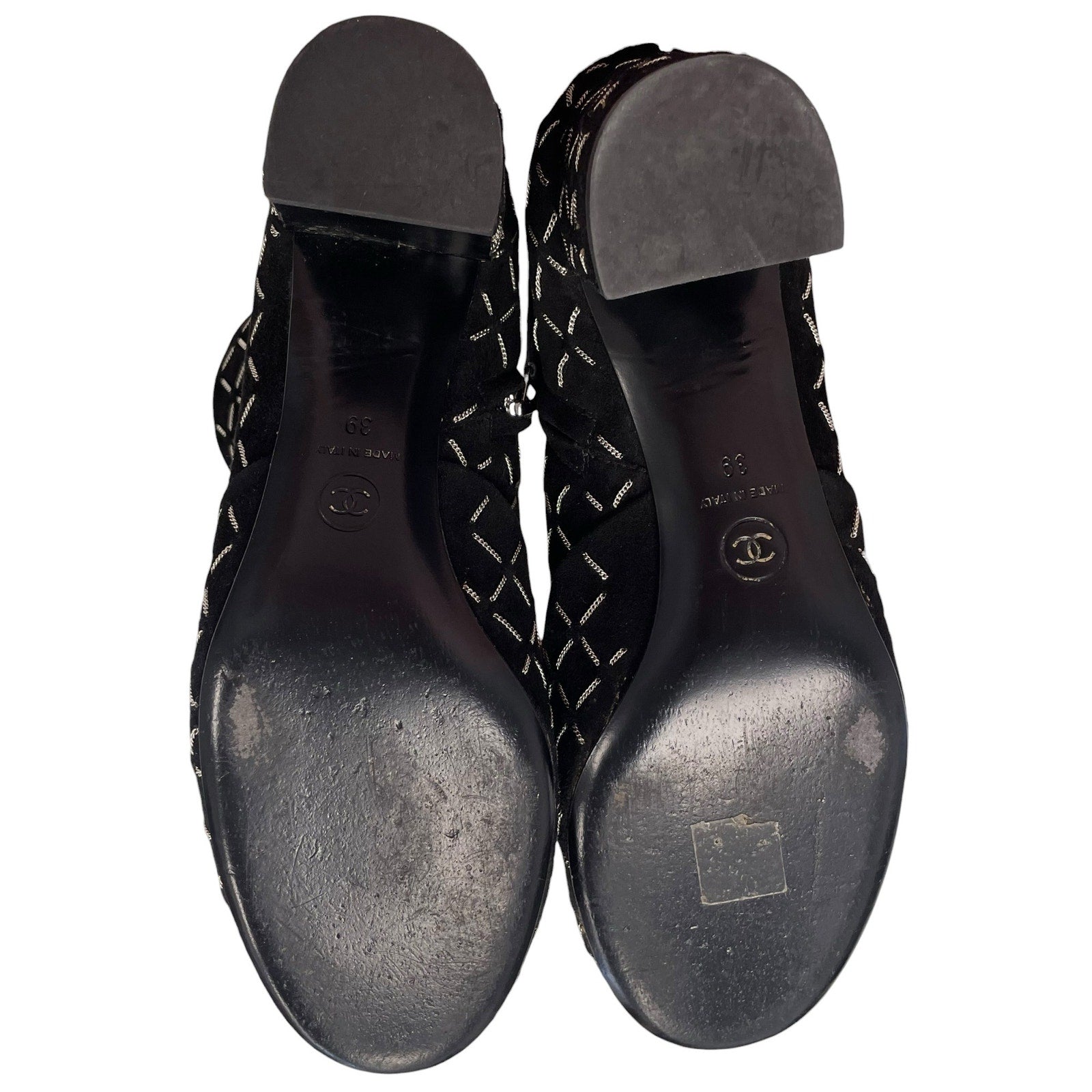 Chanel Black Suede Block Heel Chain Embellished CC Logo Short Boot Size 39 / 9