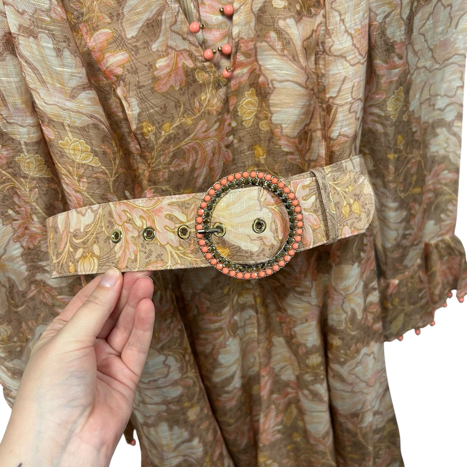 Zimmerman Floral Puffed-Sleeve Belted Midi Dress with Beaded Trim Womens 0 US 4