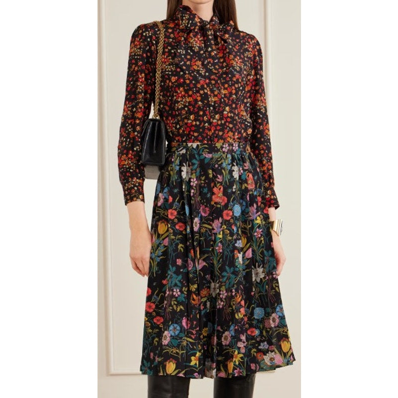 NWT Gucci Silk Pleated Midi Skirt Macro Floral Black Multi Size IT 36 / US 0