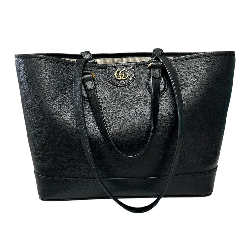 Gucci Black Leather Gold Interlocking GG Logo Ophidia Shopper Tote Bag