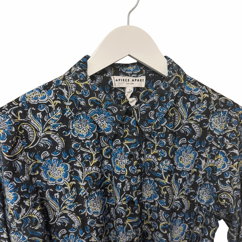 Apiece Apart Long Sleeve Shirt Dress Black Blue Yellow Floral Print Size Small