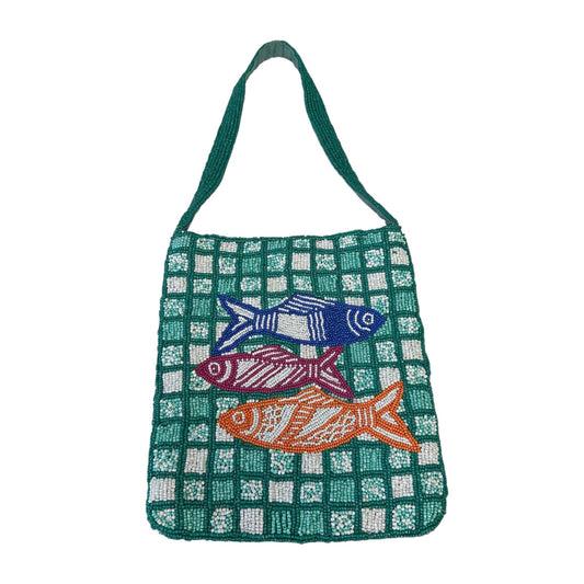 Zara Green Multicolor Beaded Sardine Fish Print Mini Bucket Single Strap Bag