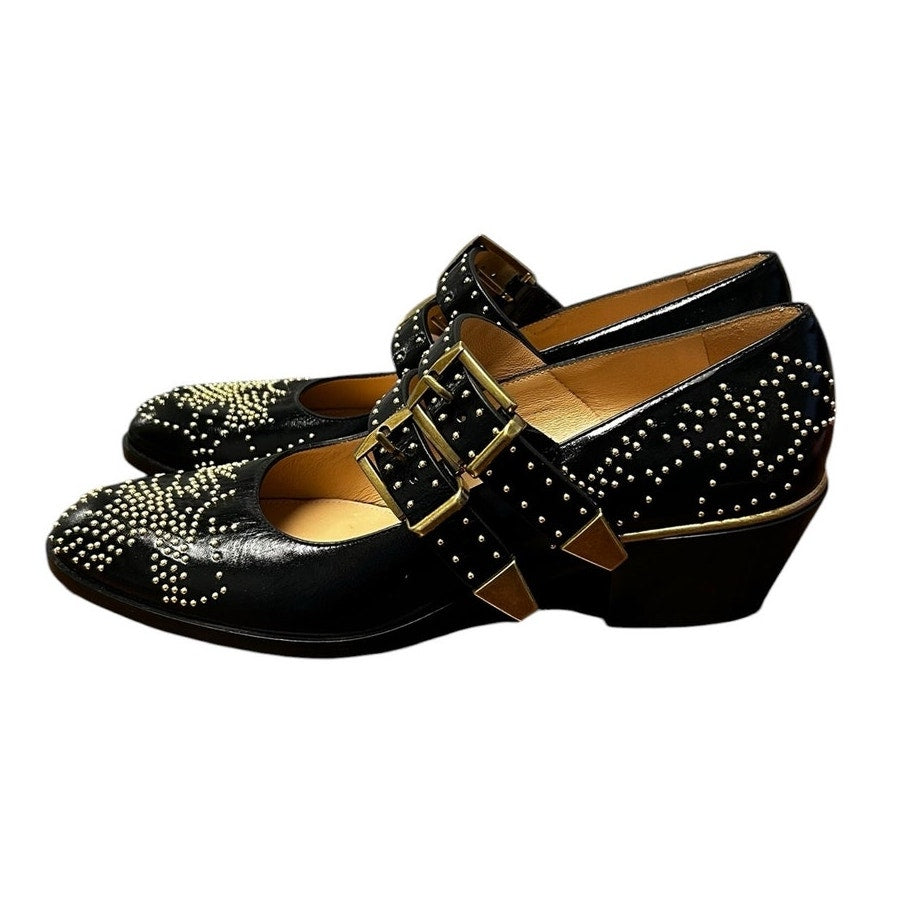 Chloe Susanna Black Gold Studded Buckle Strap Almond Toe Pumps Womens 39 / US 9