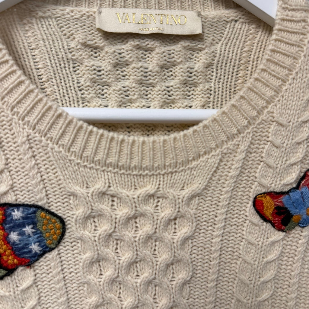 Valentino Butterfly Embroidered Sweater Cream Multicolor Cable Knit Size Medium
