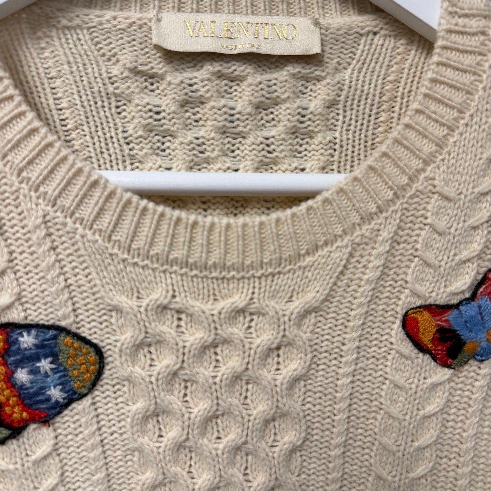 Valentino Butterfly Embroidered Sweater Cream Multicolor Cable Knit Size Medium