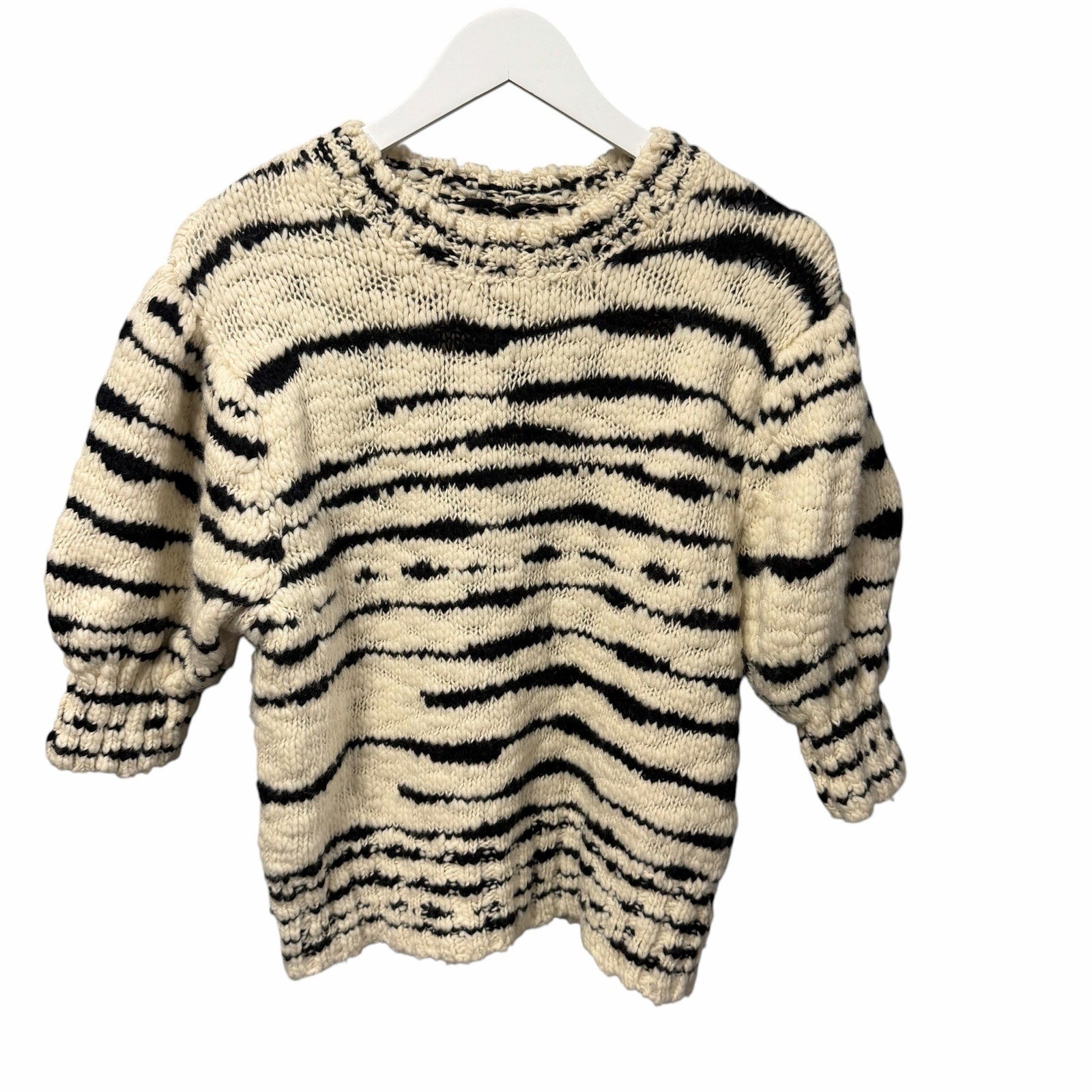 Ulla Johnson Hana Pullover Sweater Cream Black Zebra Print Puff Sleeves Medium