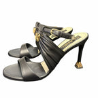Chanel Black Leather Sandal Heel Gold CC Logo / Heel Caps Womens 39.5 / US 8.5