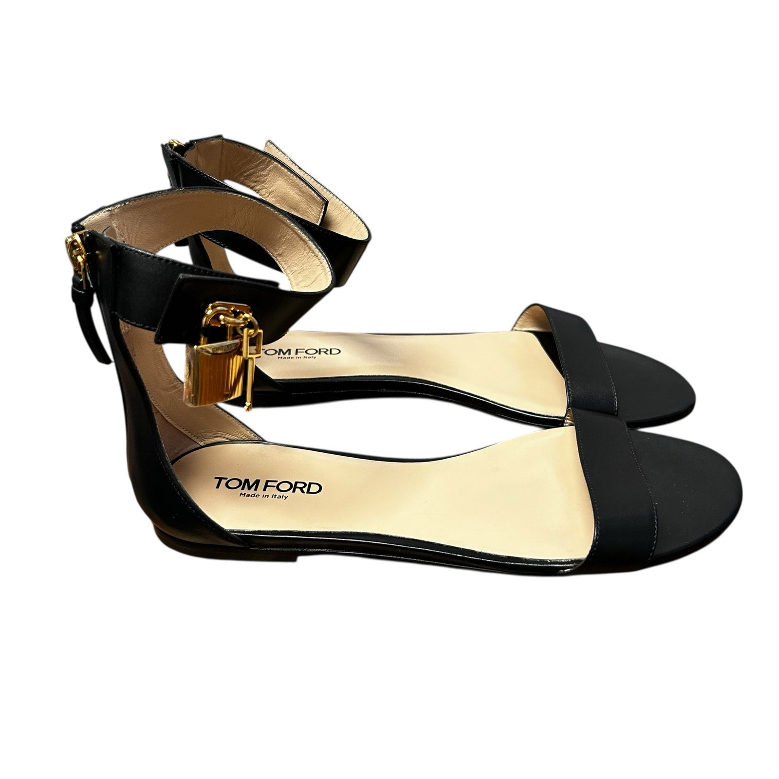 Tom Ford Black Leather Gold Padlock Embellished Zip Sandals Womens 39 / US 9