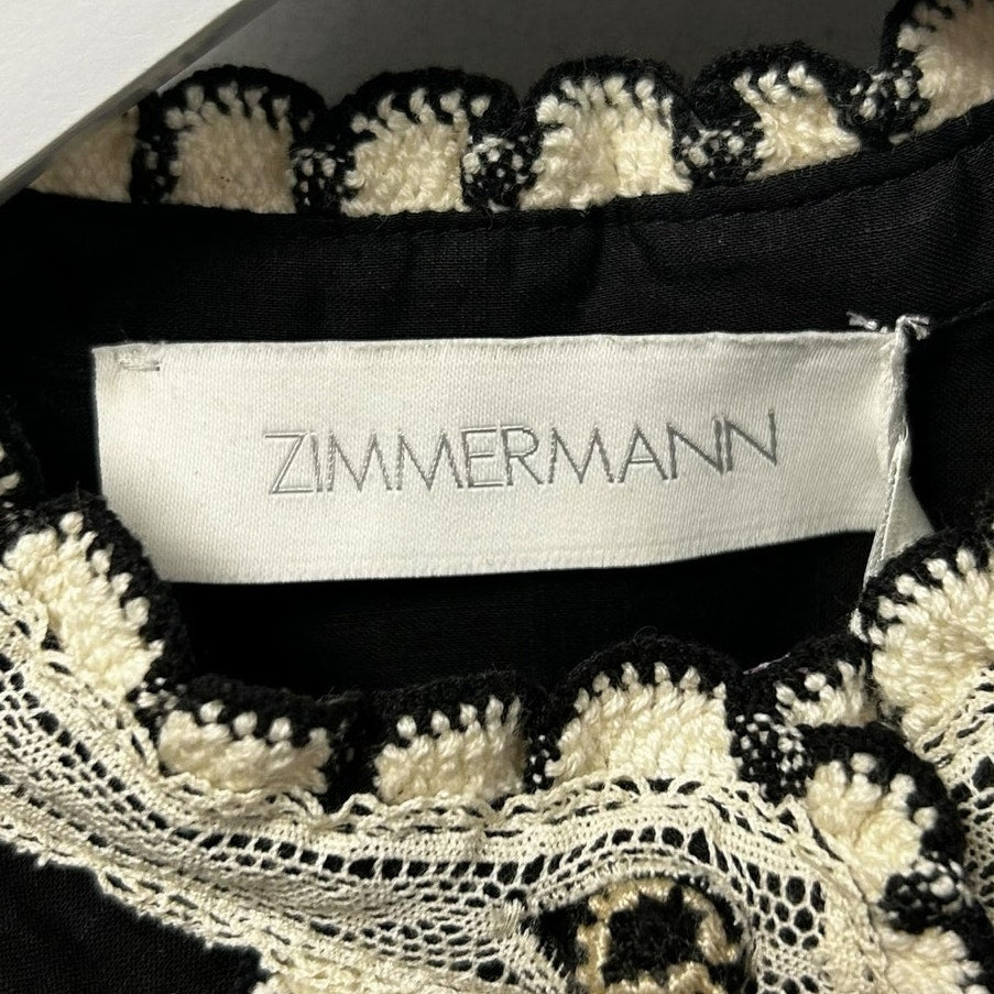 NWT Zimmermann Black Cream Rhiannon Lace Billow Midi Dress AU 0 / US 4