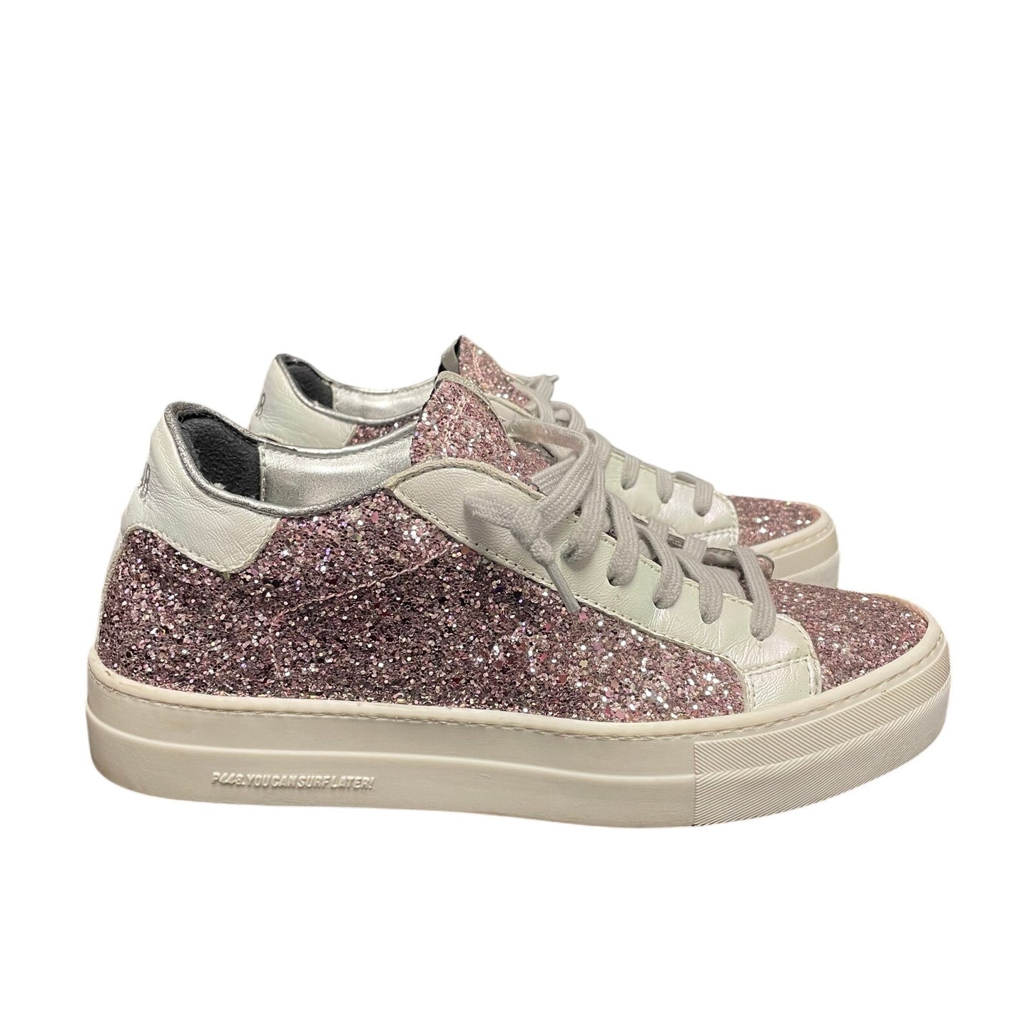 P448 Thea Sneaker in Pink Glitter Metallic Lace Up Womens Size 40 / US 9.5 - 10