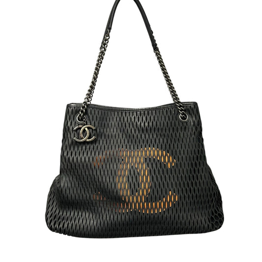 Chanel Black Orange Perforated Leather CC Double Handle Chain Tote Handbag