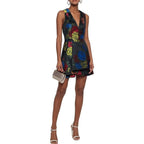 Alice + Olivia Tanner Asymmetric Pleated Black Floral Mini A-Line Dress Womens 2