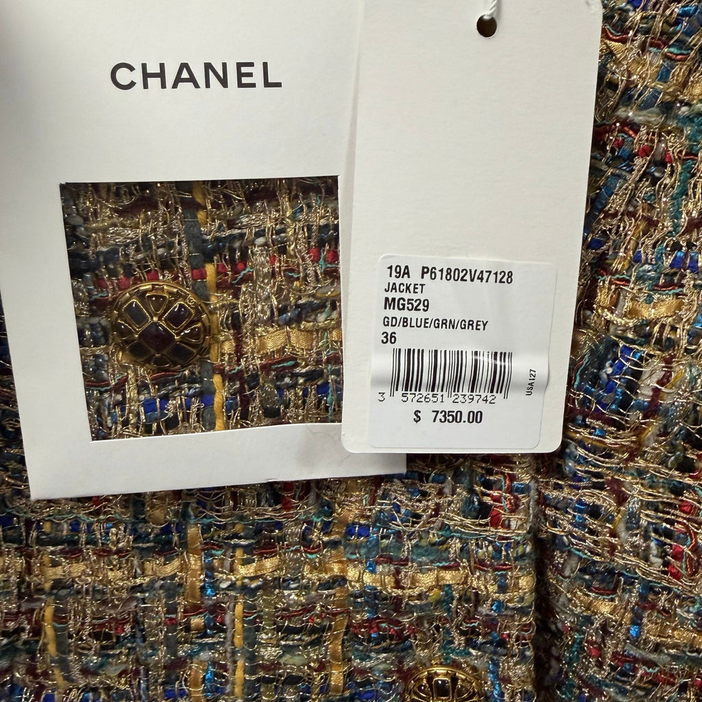 NWT Chanel 2019 Gold Blue Green Tweed Button Front Jacket Womens FR 36 / US 4