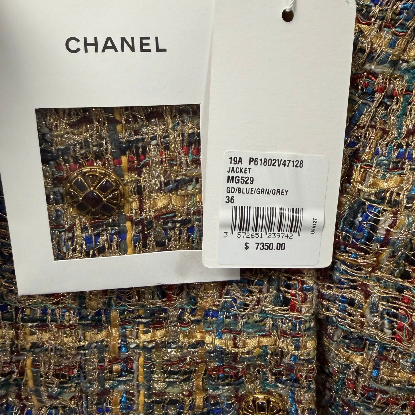 NWT Chanel 2019 Gold Blue Green Tweed Button Front Jacket Womens FR 36 / US 4