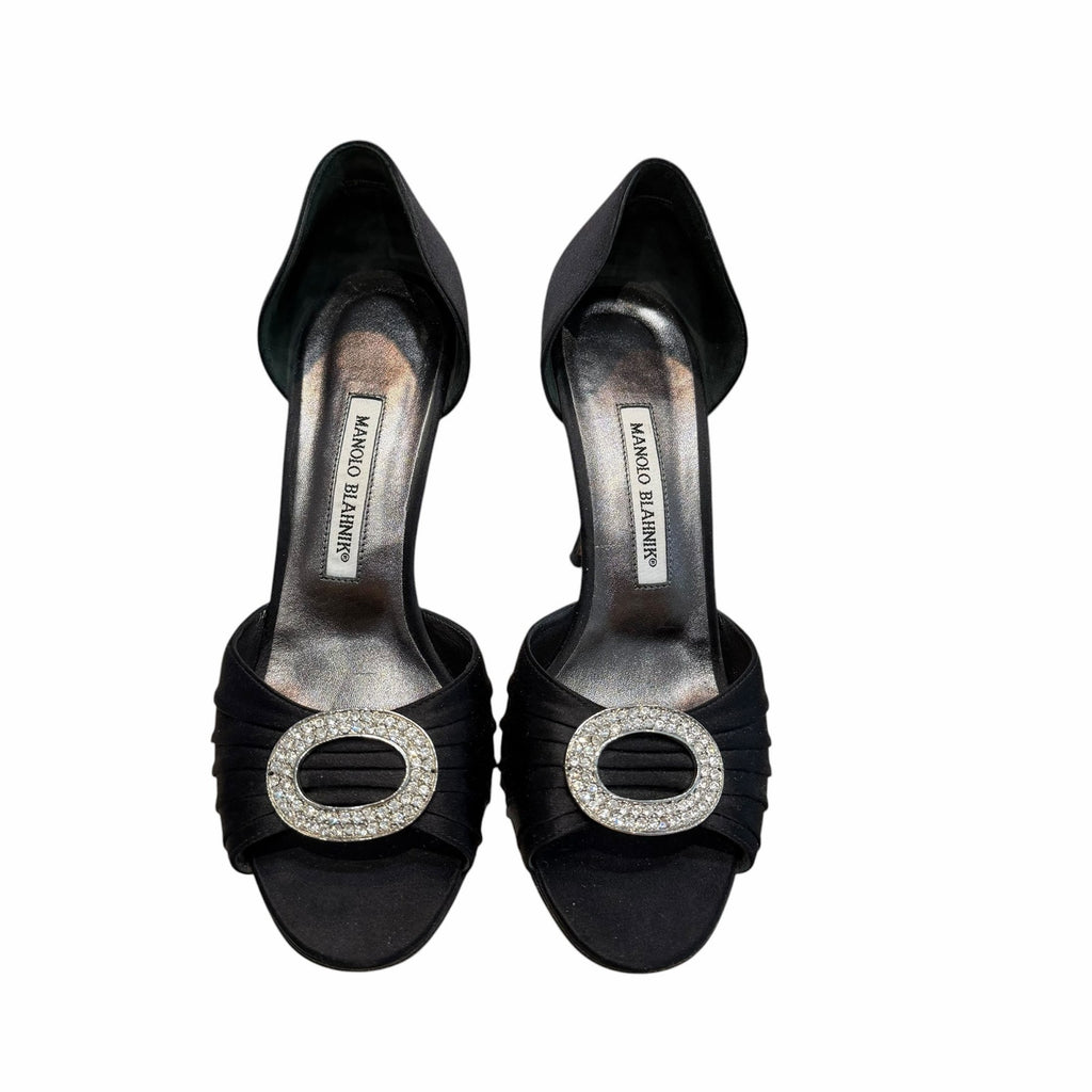 Manolo Blahnik Black Satin Jeweled Sedaraby Heels Crystal Buckle Size 38 / US 8