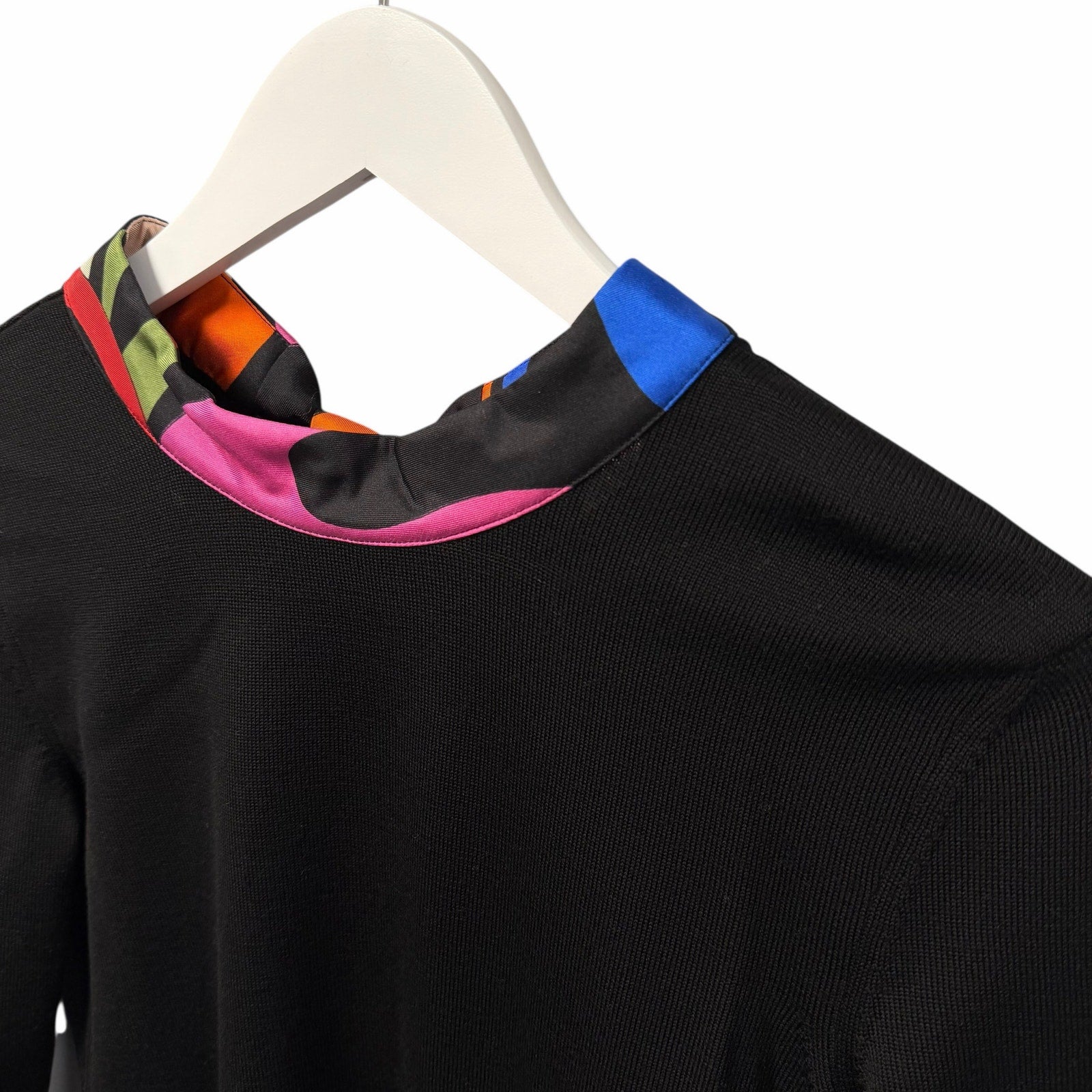 NWT Emilio Pucci Marmo Silk Collar Wool Jumper Sweater Black Tie Back Size Small