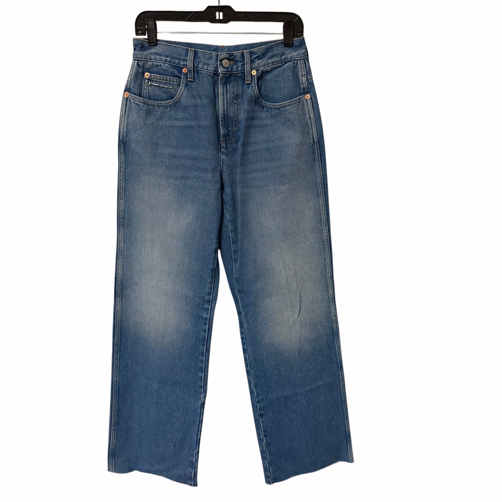 Gucci Horsebit High Rise Wide Leg Frayed Hem Jeans Light Wash Size 27 / US 6