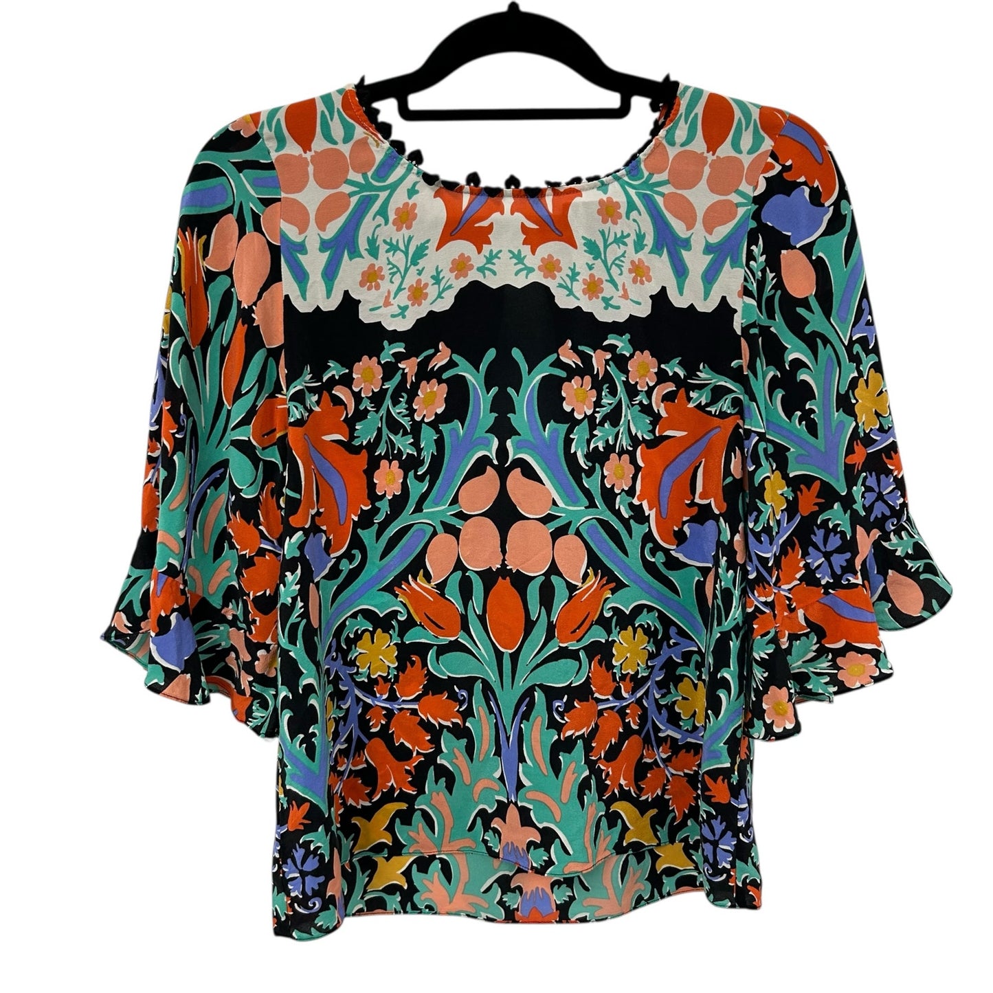 Maeve Black Multi Folkart Floral Print Short Sleeve Silk Kimono Top Womens 6