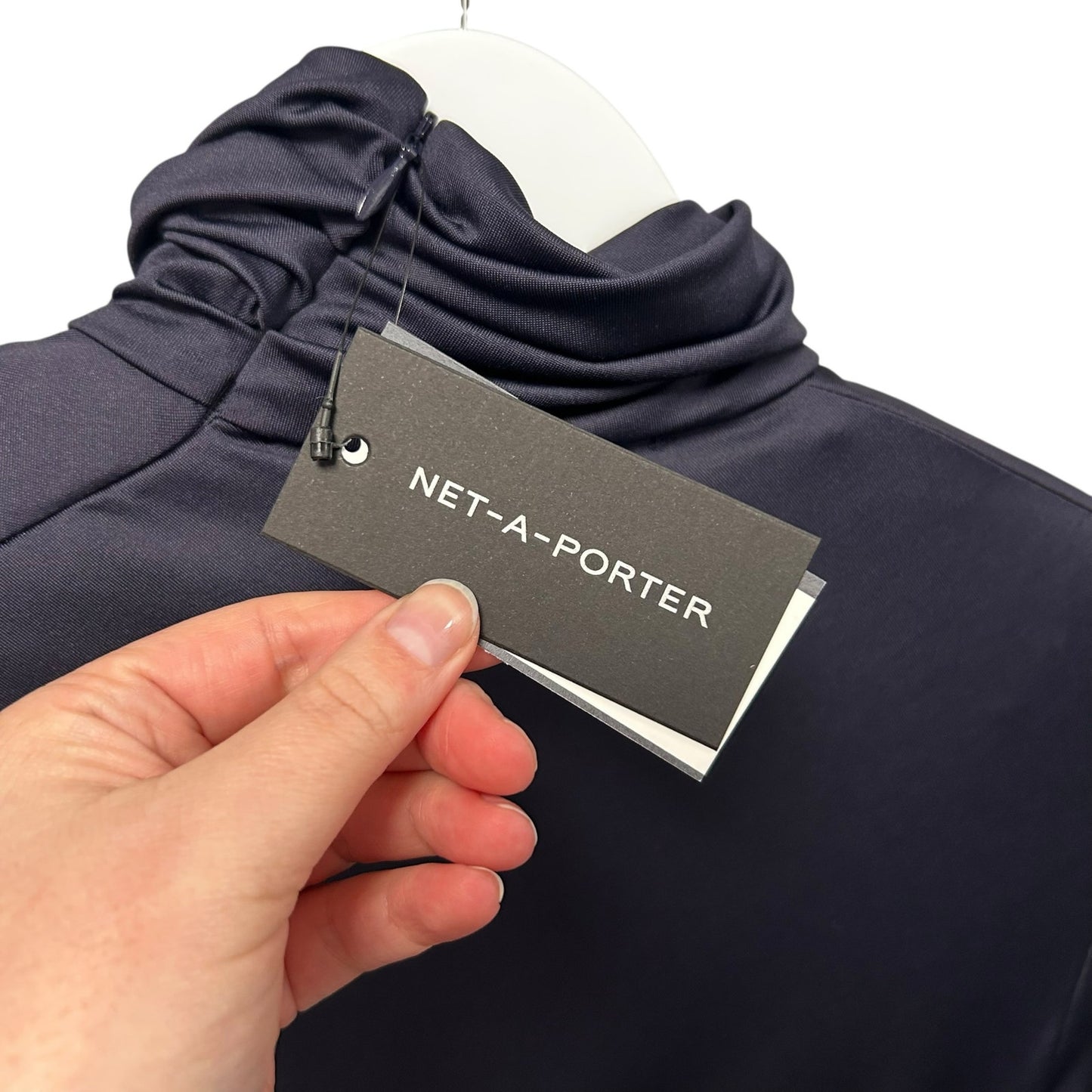 NWT Victoria Beckham Navy Gathered Draped Turtleneck Midi Dress Womens US 0