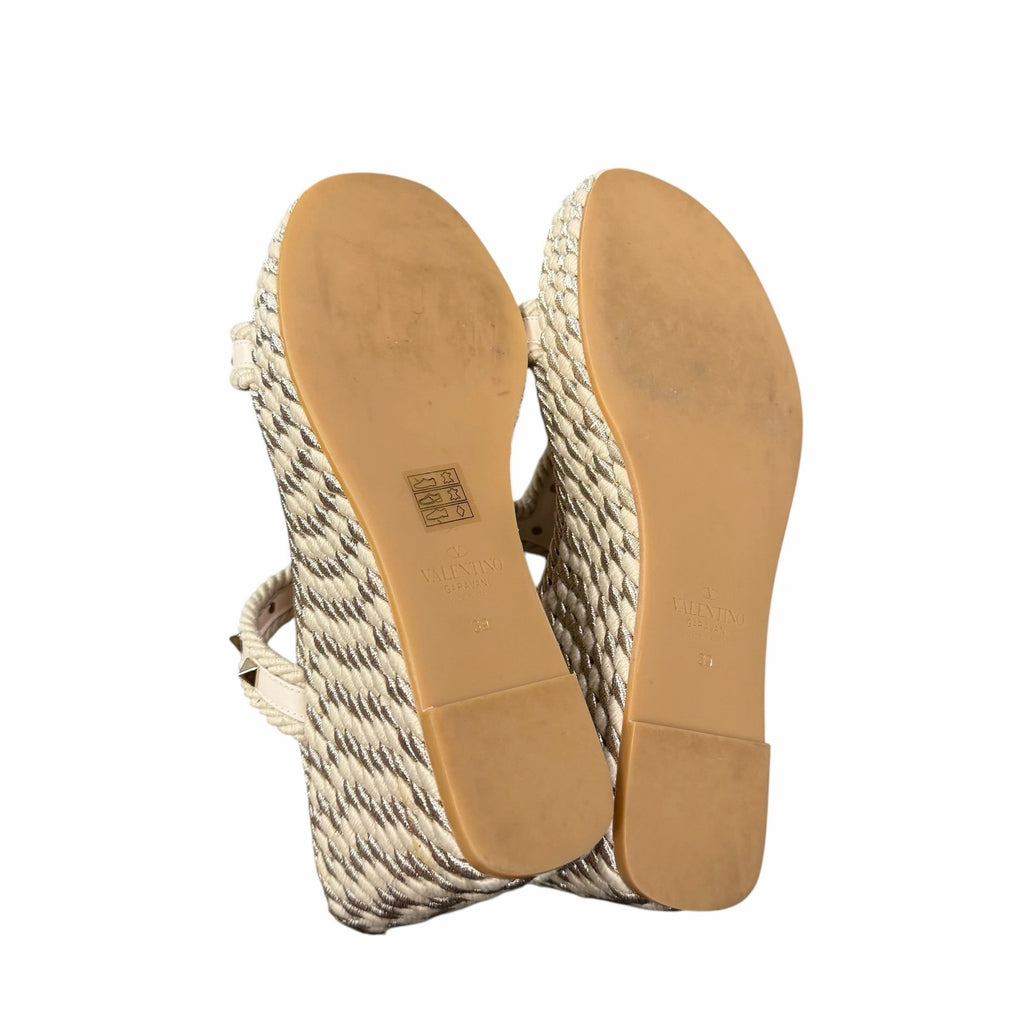 Valentino Garavani Rockstud Torchon Espadrille Caged Wedge Sandals Ivory US 9