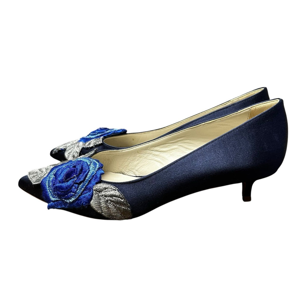 Something Bleu Navy Satin Bo Pointed Toe Floral Applique Kitten Heels Womens 6