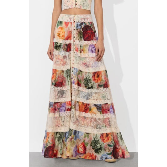 NWT Alice + Olivia Storm Floral Print Adira Tiered A Line Maxi Skirt Womens 0