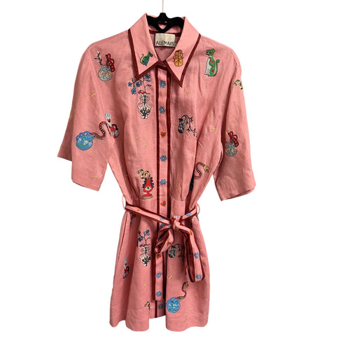 ALEMAIS Nadia Hernandez Timmy Belted Embroidered Linen Shirt Dress Womens 4