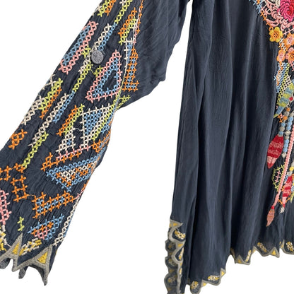 Johnny Was Festival Georgette Tunic Navy Multicolor Embroidery Womens Medium
