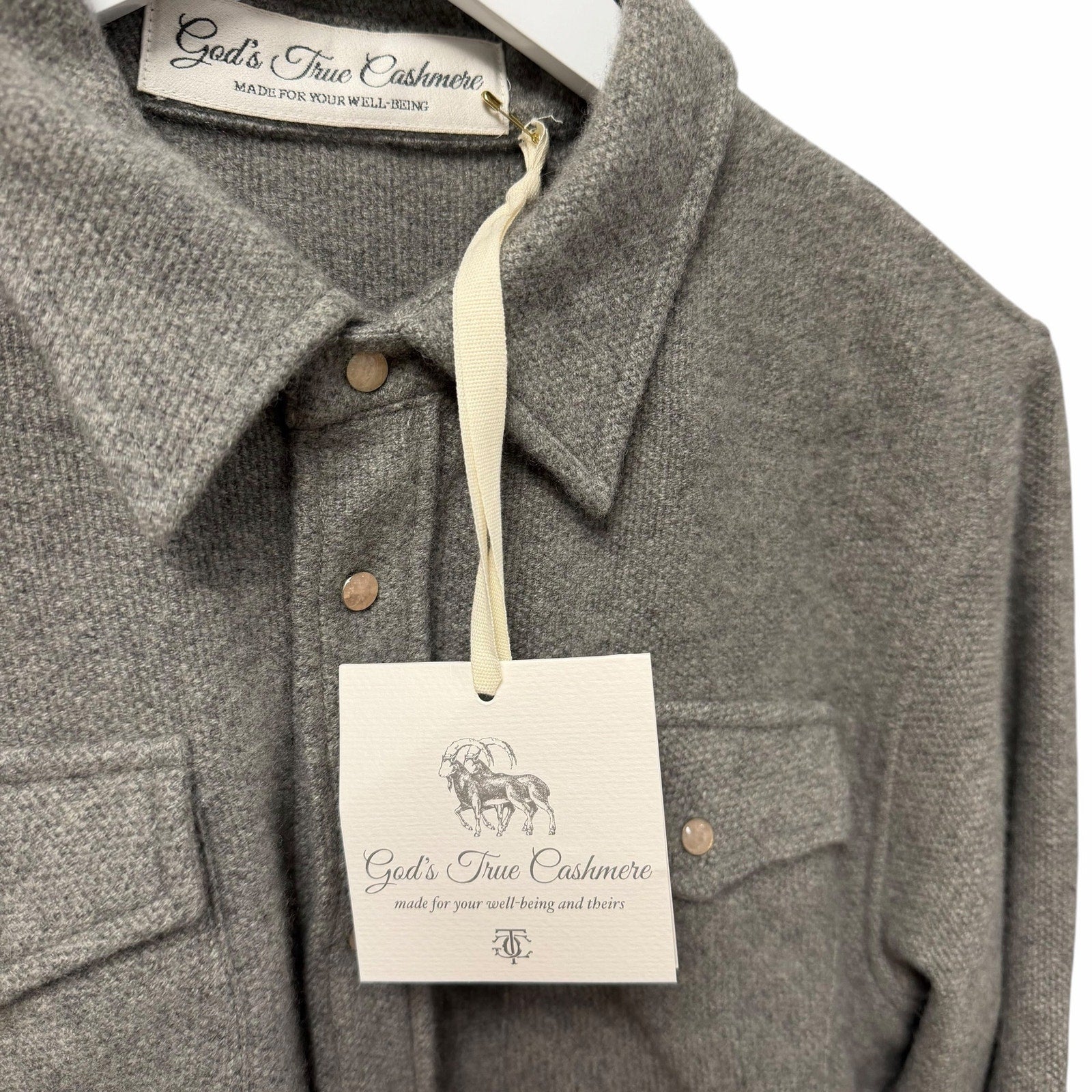 NWT God's True Cashmere Grey Cashmere Shirt Rose Quartz Snap Button Up Size XS