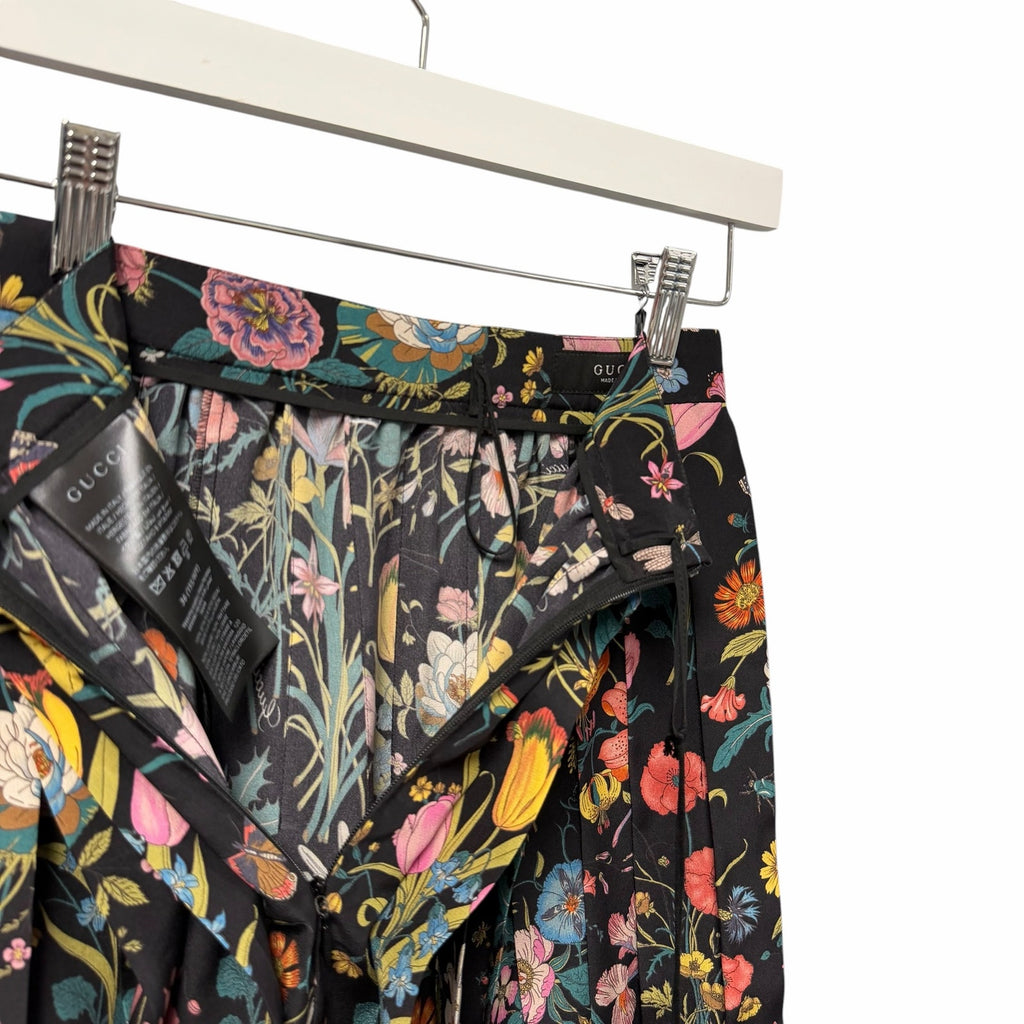 NWT Gucci Silk Pleated Midi Skirt Macro Floral Black Multi Size IT 36 / US 0