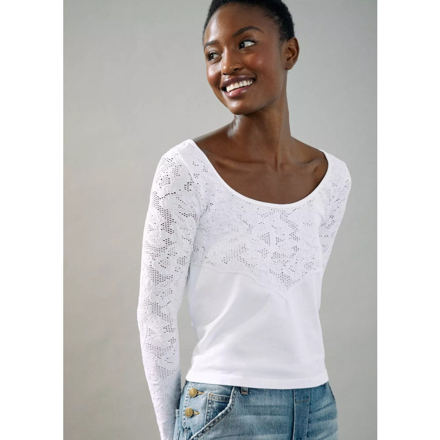 by Anthropologie White Floral Seamless Long Sleeve Boat Neck Top  Womens Small