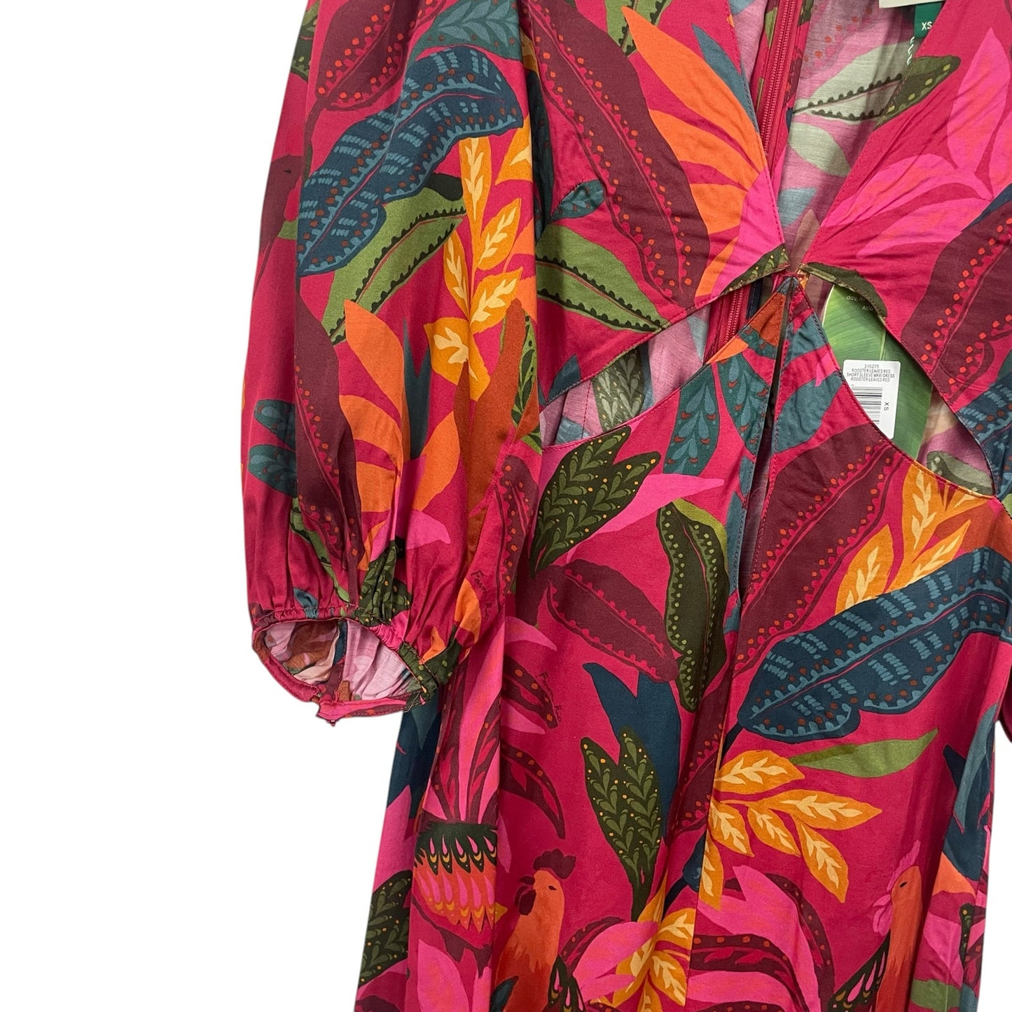 NWT Farm Rio Rooster Leaves Red Short Sleeve Maxi Dress XS