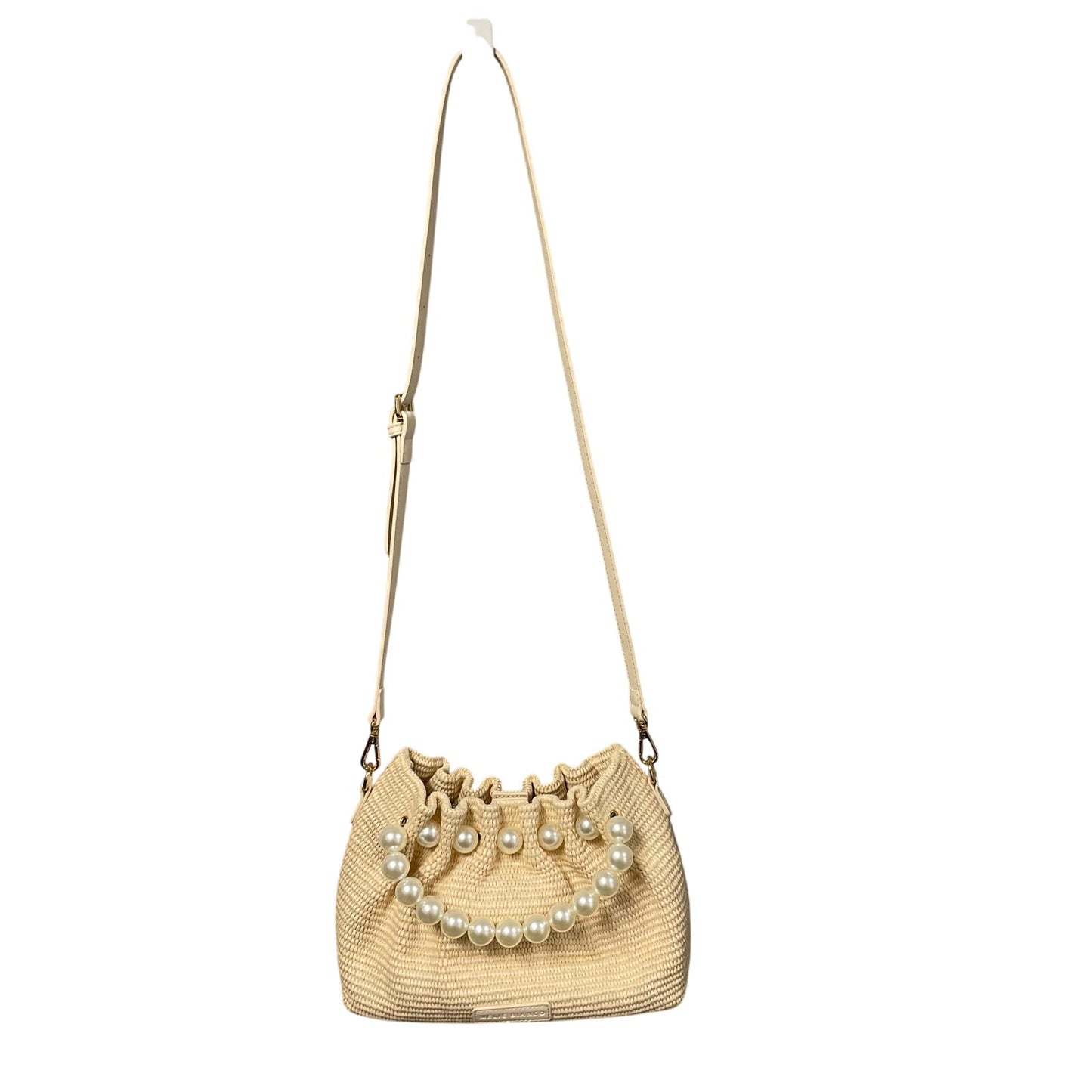 Melie Bianco Josie Natural Small Straw Pearl Embellished Top Handle Bag