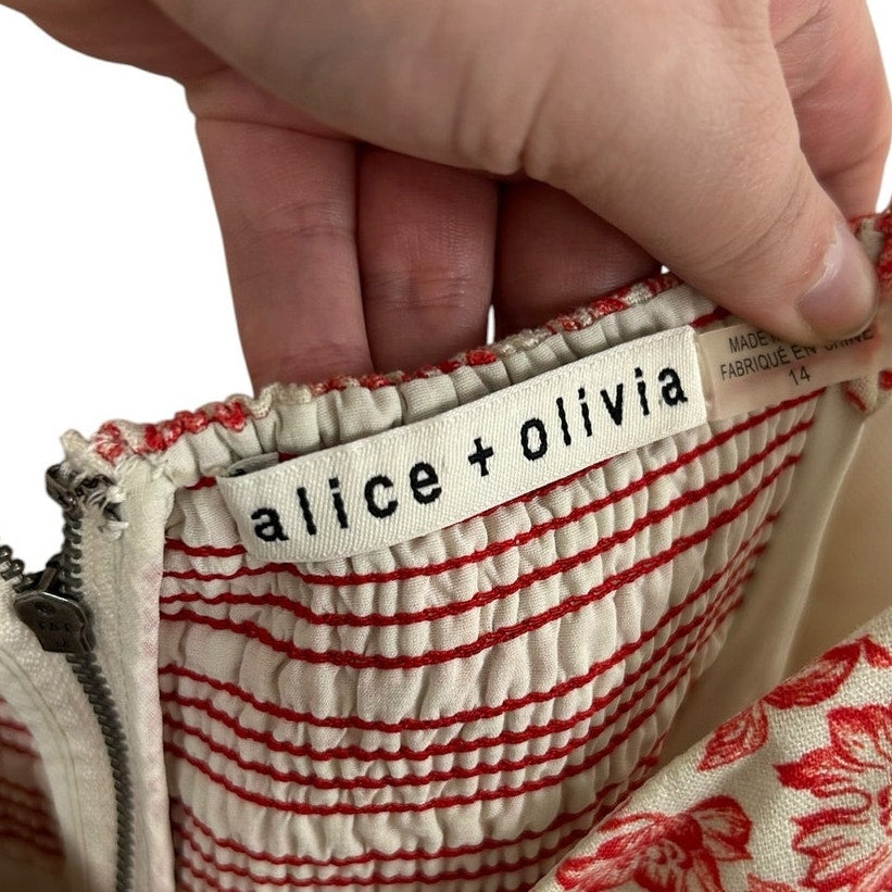 Alice + Olivia Red Cream Printed Melvina Bow Detail Mini Dress Womens 14