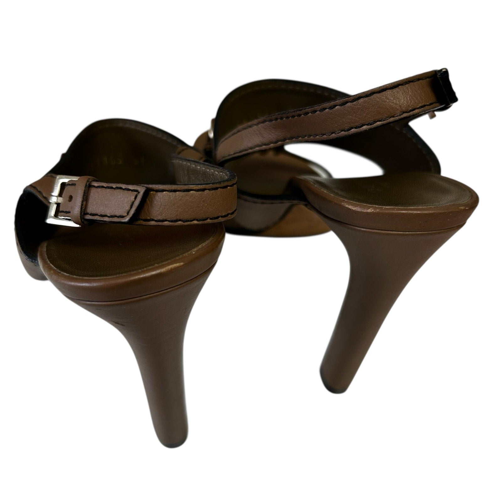 Gucci Brown Leather Horsebit Tassel Emily Slingback Heels Womens 37.5 / US 7.5