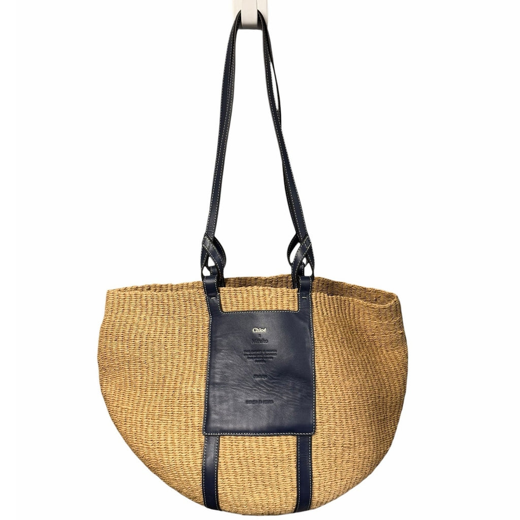 Chloe x Mifuko Large Raffia Basket Tote in Fair Trade Paper & Navy Leather