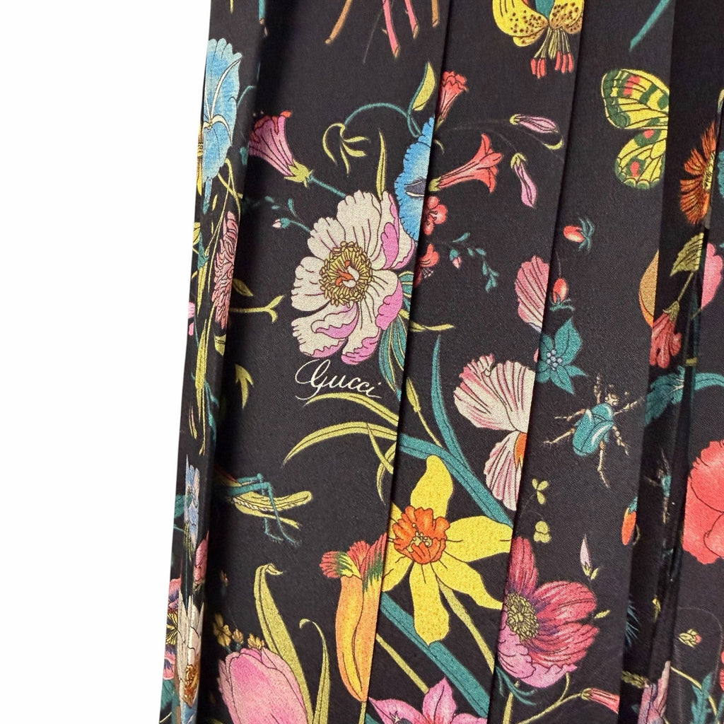 NWT Gucci Silk Pleated Midi Skirt Macro Floral Black Multi Size IT 36 / US 0