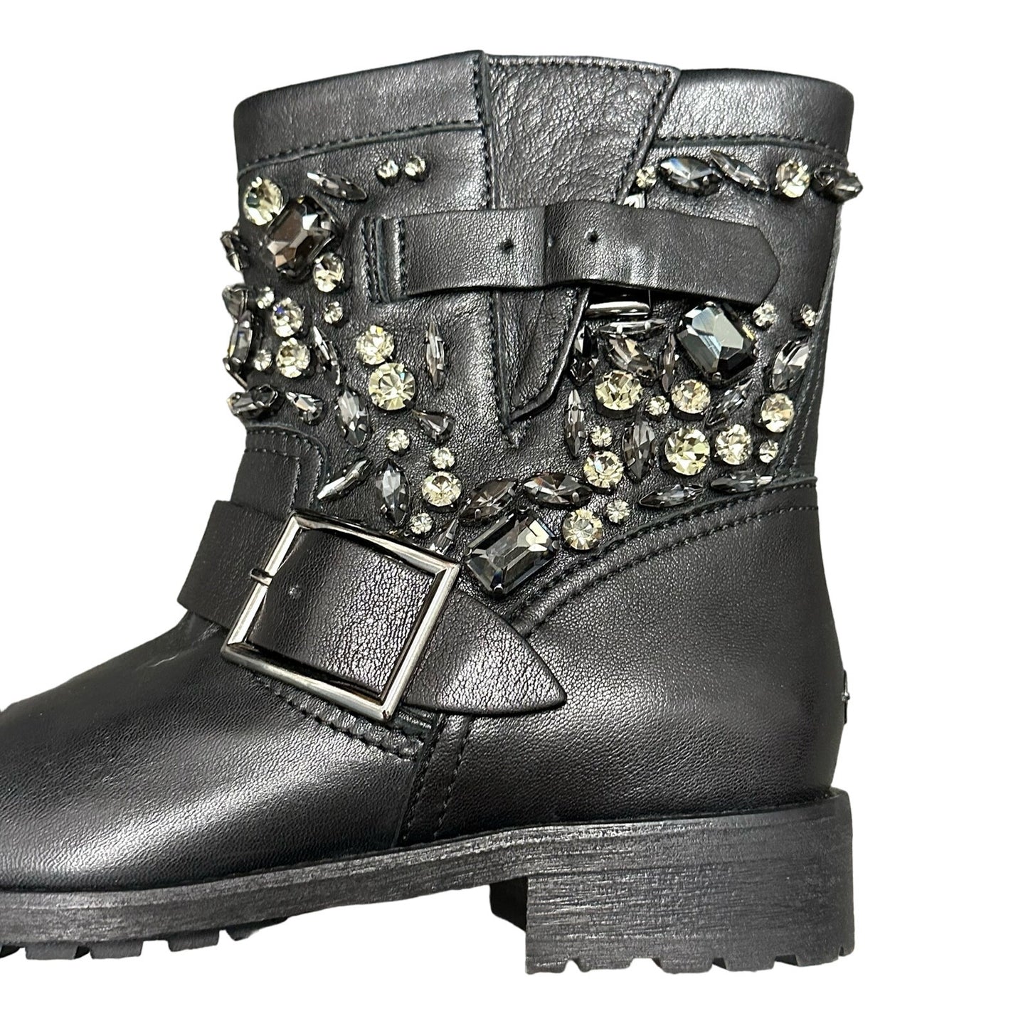 NEW Jimmy Choo Black Leather Youth Biker Boots Gunmetal Crystals 37 / US 7