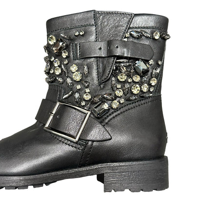 NEW Jimmy Choo Black Leather Youth Biker Boots Gunmetal Crystals 37 / US 7