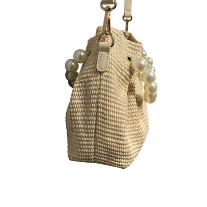 Melie Bianco Josie Natural Small Straw Pearl Embellished Top Handle Bag