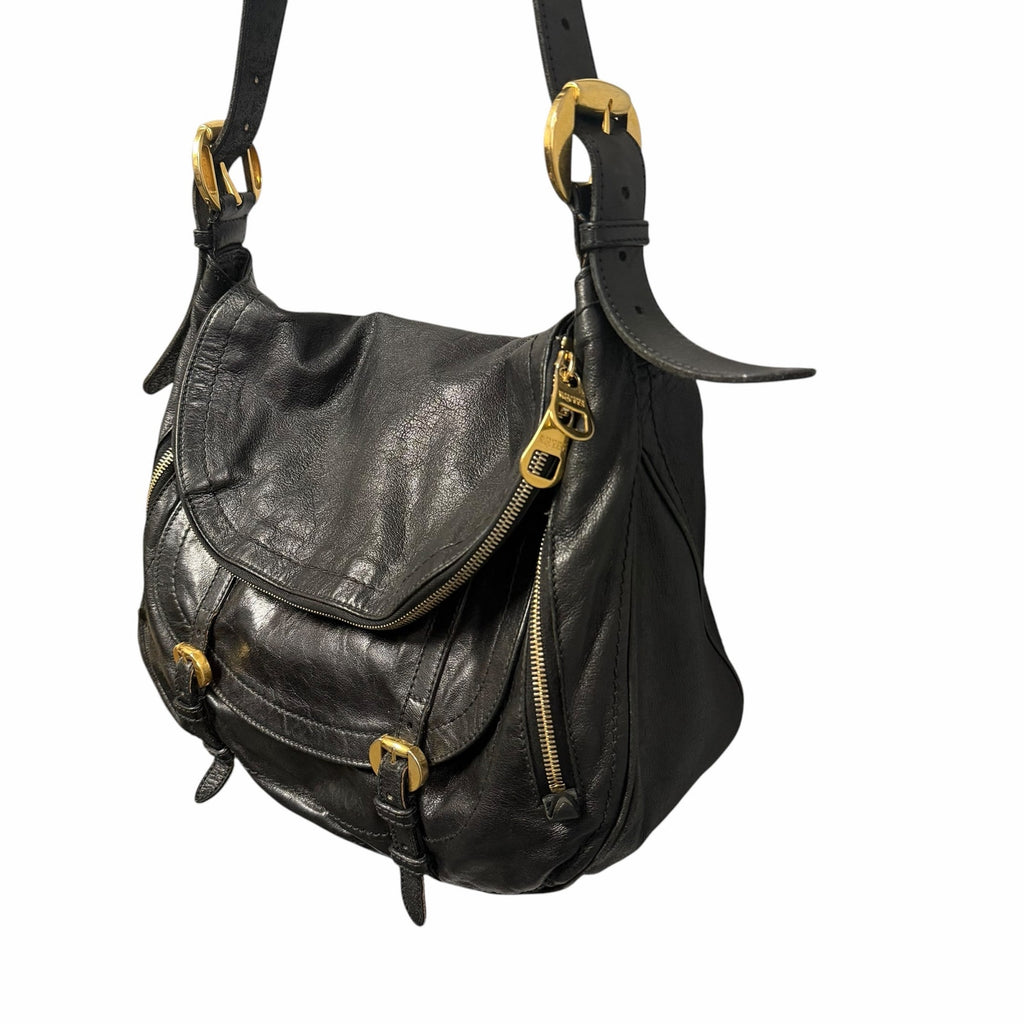 Alexander McQueen Black Leather Front Flap Messenger Handbag Gold Toned Hardware