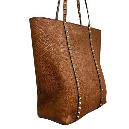 Valentino Garavani Brown Gold Signature Rockstud North-South Leather Tote Bag